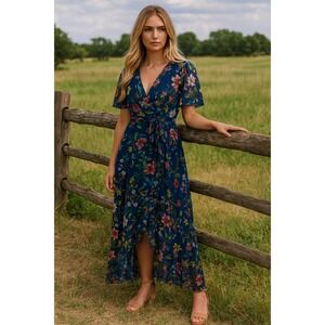 Eliza J Maxi Dress Womens 8 Navy Blue Floral Slit Sleeve Ruffle Flowy Belted
